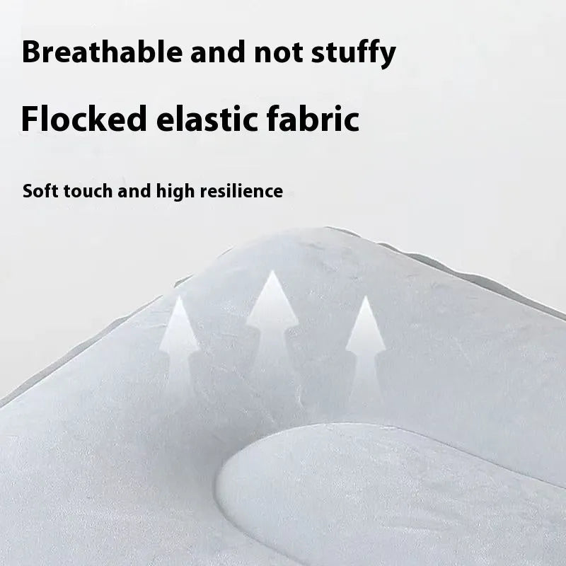 Blue inflatable seat cushion with flocked texture, shown inflated for use and folded for storage.