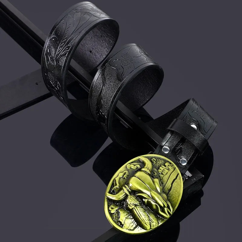 Men's imitation leather belt with decorative alloy cow head buckle in black or brown colours