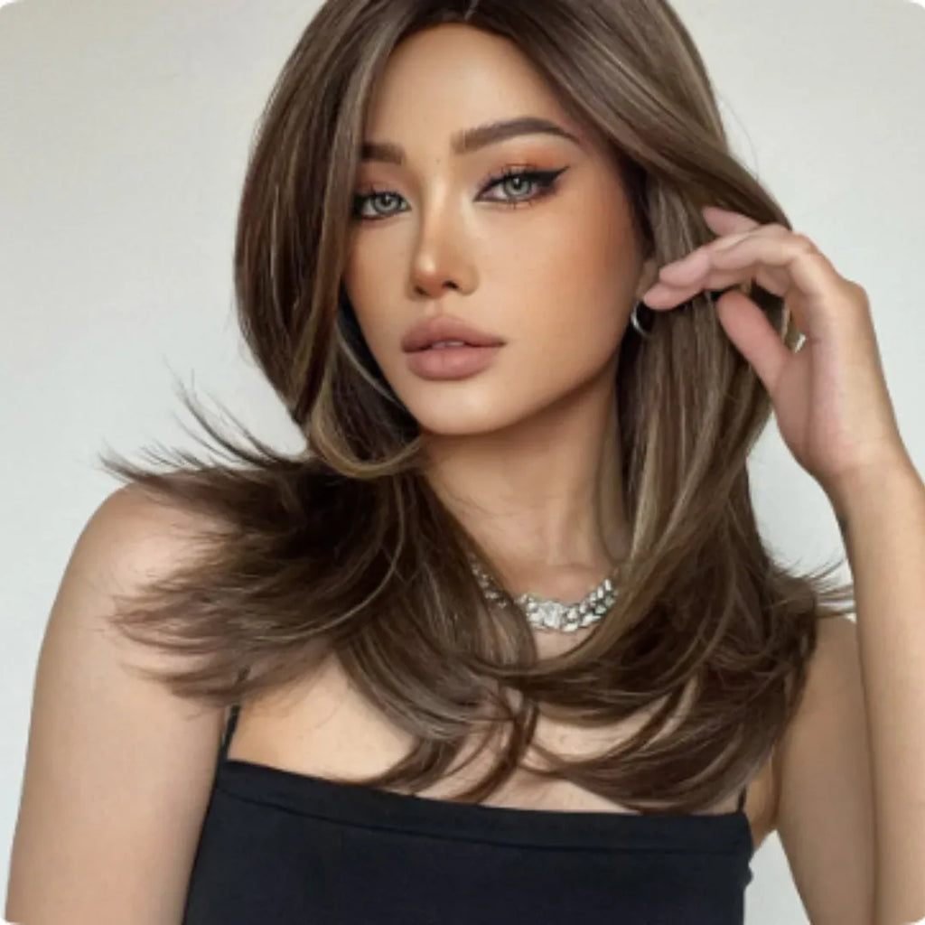Mid-length curly full-head wig in platinum gradient colour with long bangs