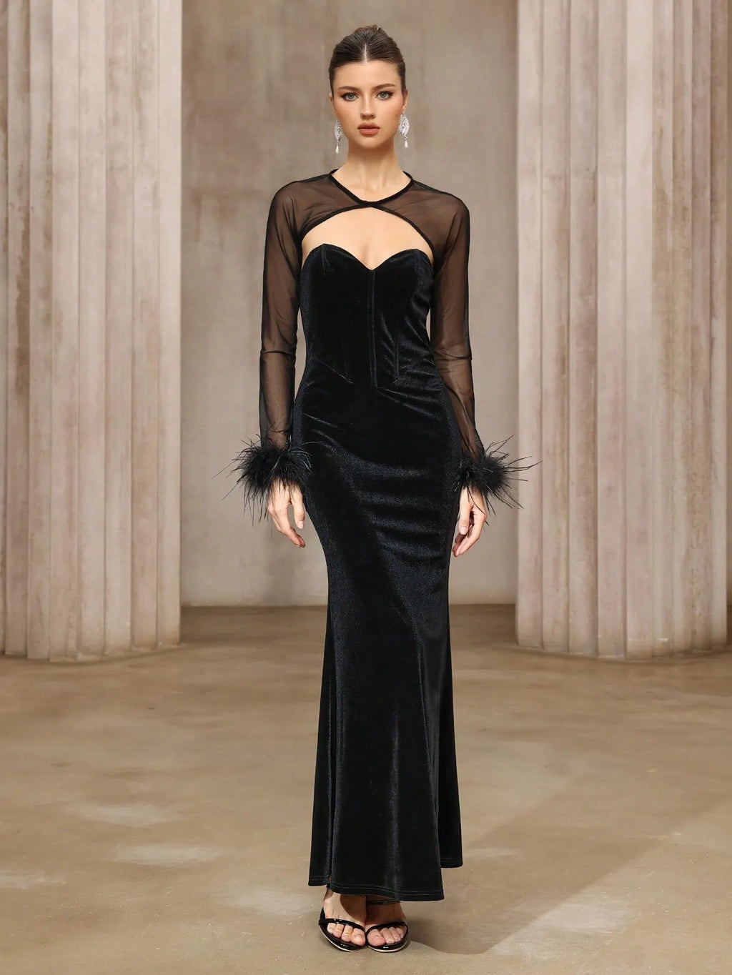 Black velvet tube top dress and semi-transparent mesh top two-piece set with lace trim for women