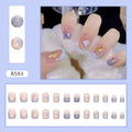 Nude square short false nails, 24 pieces per box with glue, ABS plastic nail tips in cream R593 shade