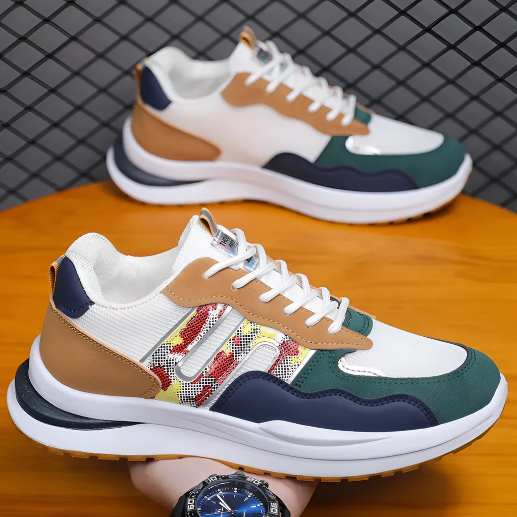 Men's mesh breathable sports casual shoes in white green, black, and gray colours with leather toe holder