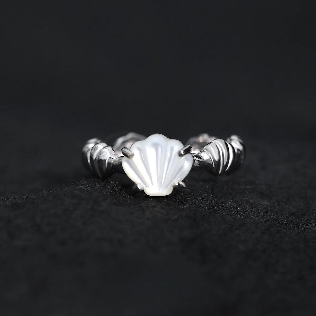 Adjustable silver ring with shell design and tiger eye gemstone in gold electroplated finish