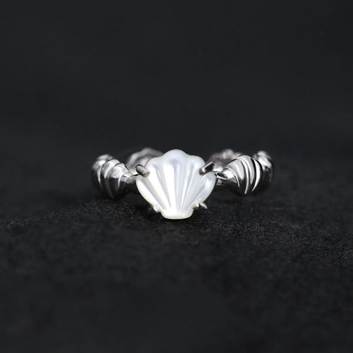 Adjustable silver ring with shell design and tiger eye gemstone in gold electroplated finish