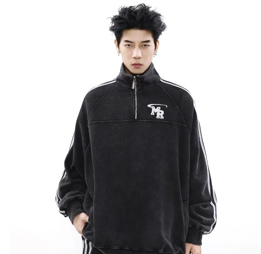 Black retro sports hoodie with stand collar in Hong Kong style design