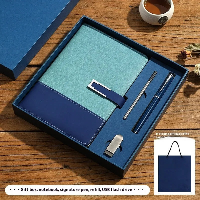 A5 soft PU leather notebook in brown, black, green, blue, or red, showing wood-free paper inside.