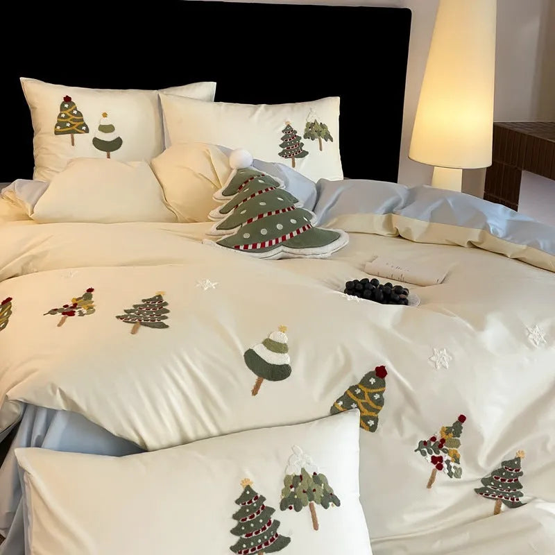 Christmas tree embroidered cotton four-piece bed sheet set with plants pattern in cream blue or green