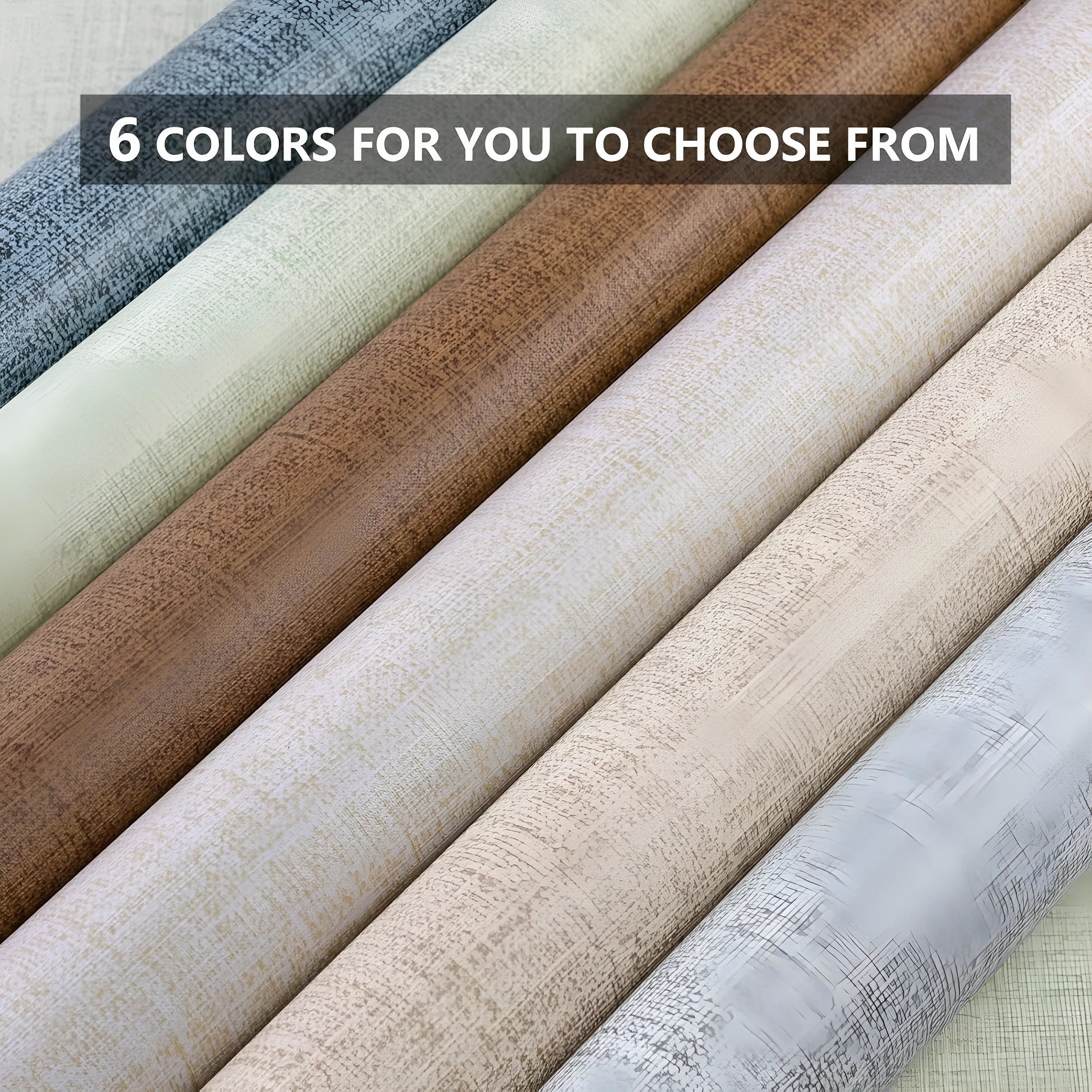 Linen textured self-adhesive wallpaper roll showing grey colour option with measurement diagram