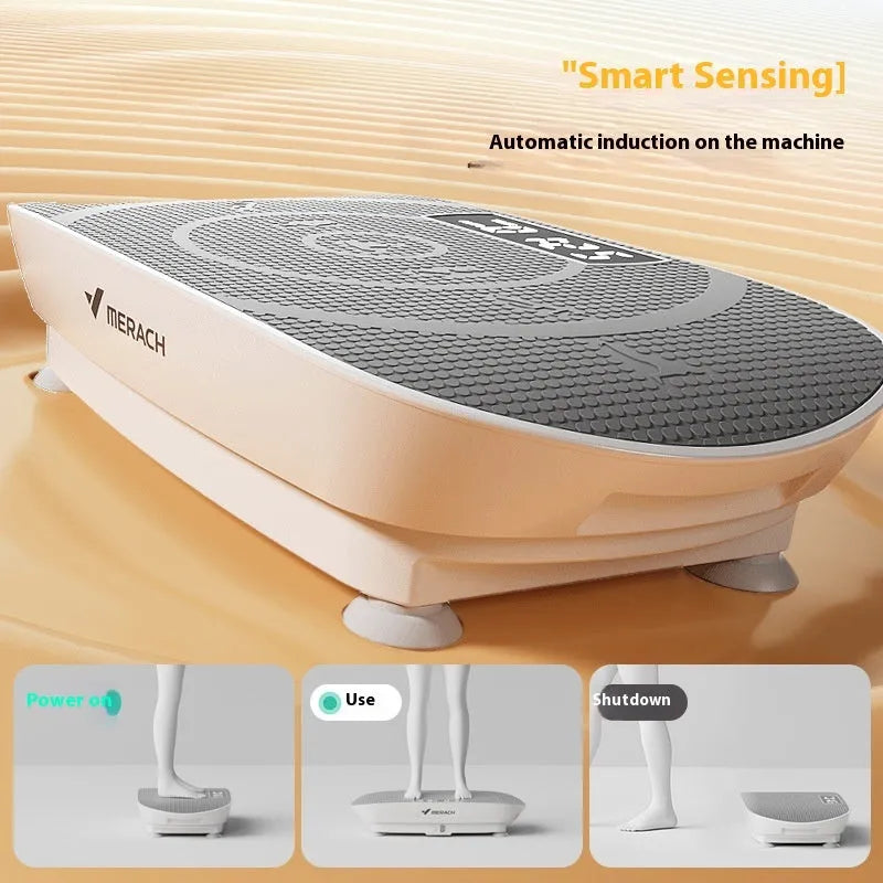 Grey or pink portable smart power plate vibrating exercise platform showing dimensions and US plug