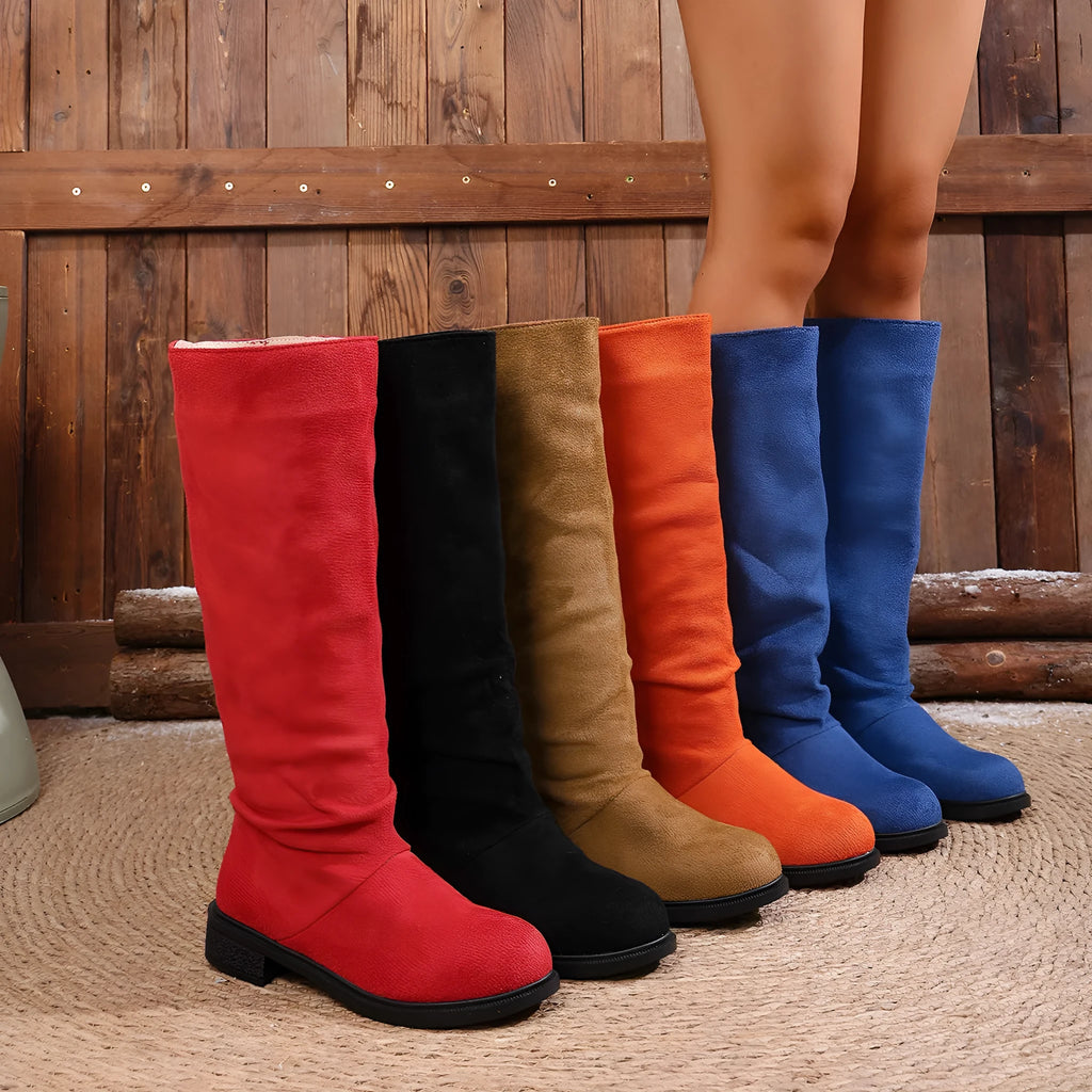 Women's cow suede chunky heel below the knee boots in solid colour with round toe
