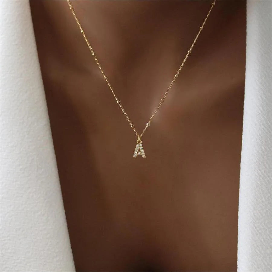 Light luxury copper pendant necklace with micro zircon inlaid letter, unisex O-ring chain, electroplated finish, style options A-Z