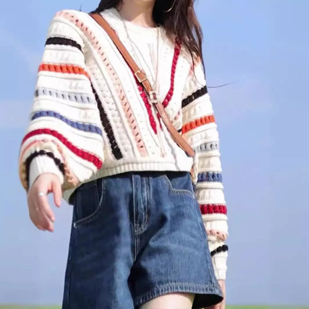 Retro rainbow striped cashmere blend sweater with batwing sleeves and round neck