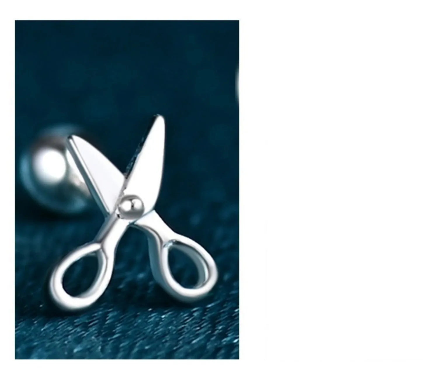Silver ear studs with screw fastening and miniature scissors design