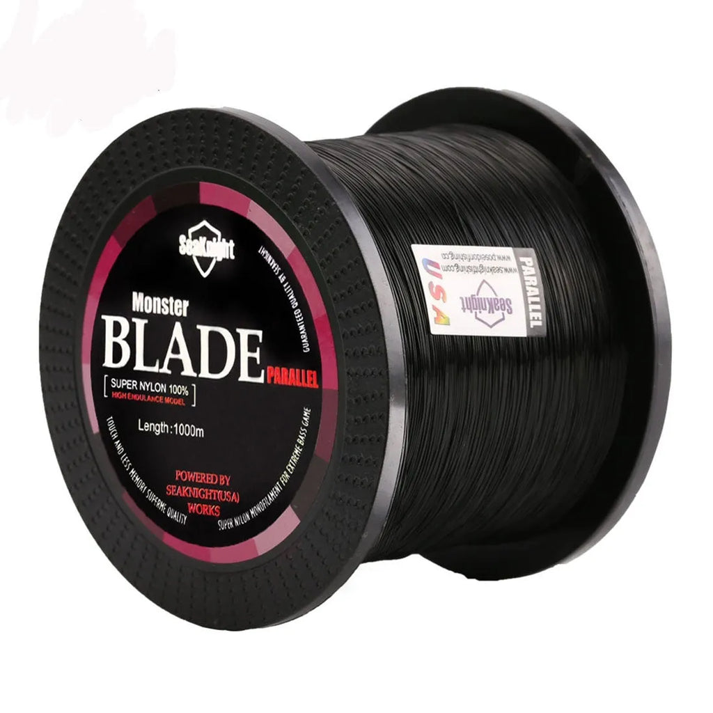 Roll of Seaknight1000 M nylon fishing line showing available colours: white, green, blue, yellow, black.