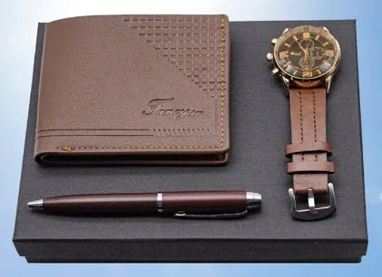 Brown and black 4-piece gift set containing wallet, pen, watch in modern style gift box