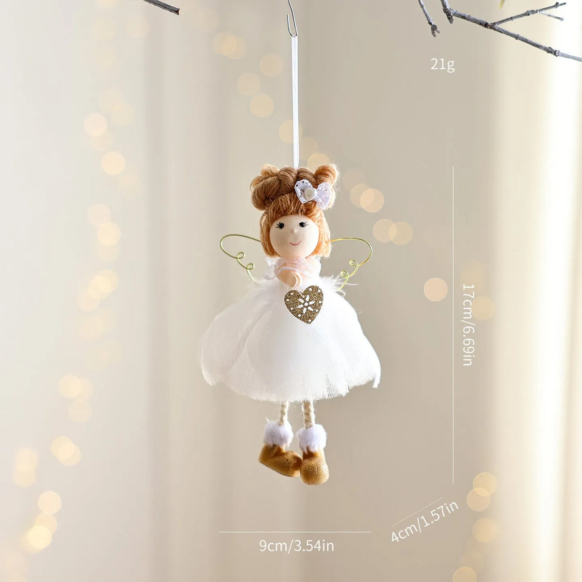 White Christmas tree hanging ornament with mesh angel girl design, snowflake styling, and metal, plastic, and cloth construction.