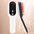 White electric head massager comb with red and blue light therapy, 26 massage contacts, and LED display.