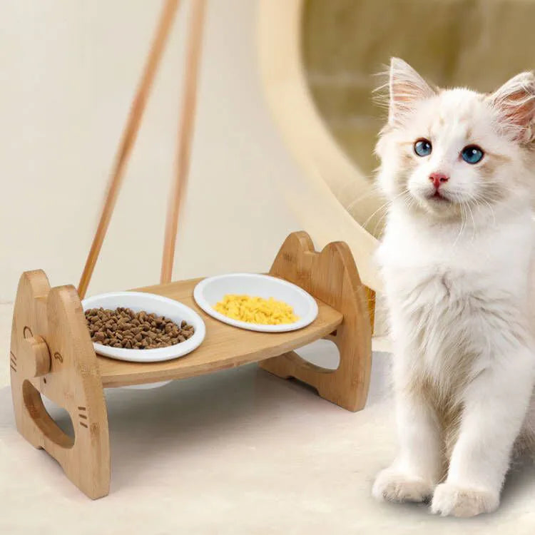 Height adjustable bamboo and ceramic double pet bowl stand with wooden frame, original wood colour, suitable for cats and dogs