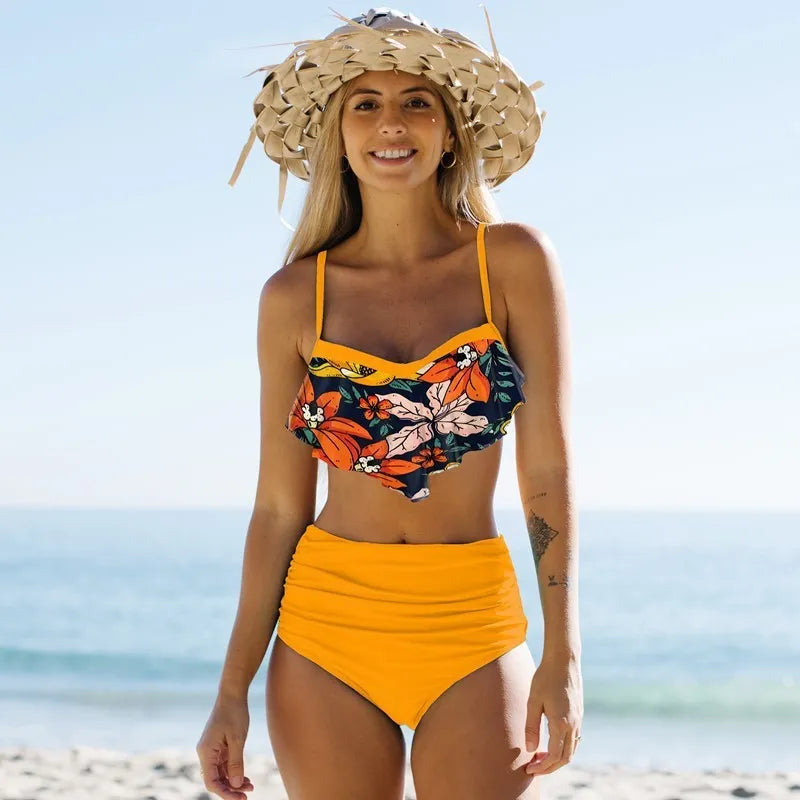 Women's green high-waist pleated bikini swimsuit with brief top on mannequin