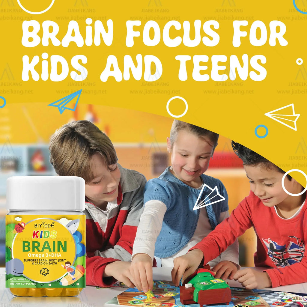 Bottle of kids DHA focus gummies with omega 369 for brain health and immune support, 60 gummies