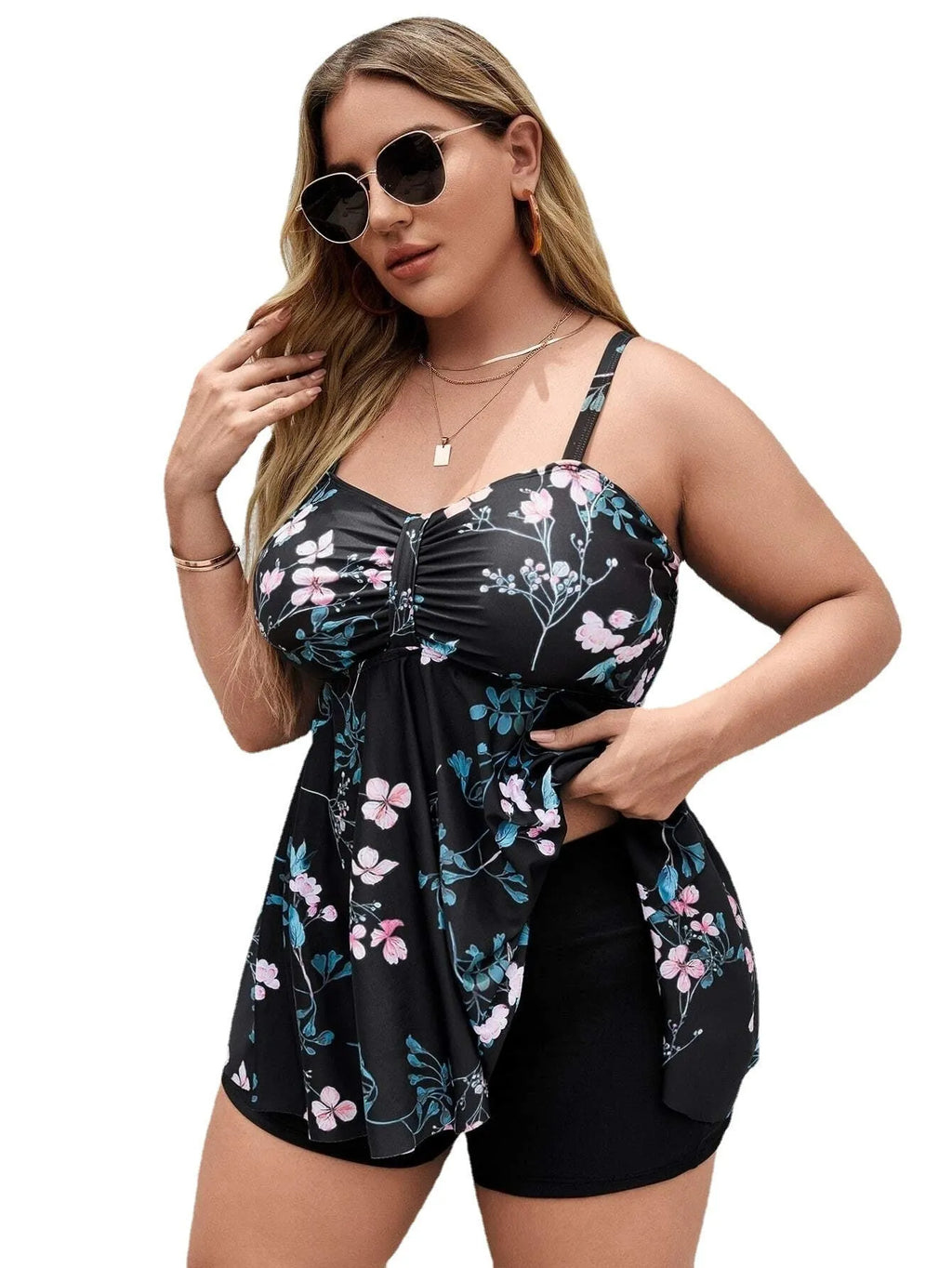 Women's floral print one-piece swimsuit with split colour design on high elasticity polyester fabric.