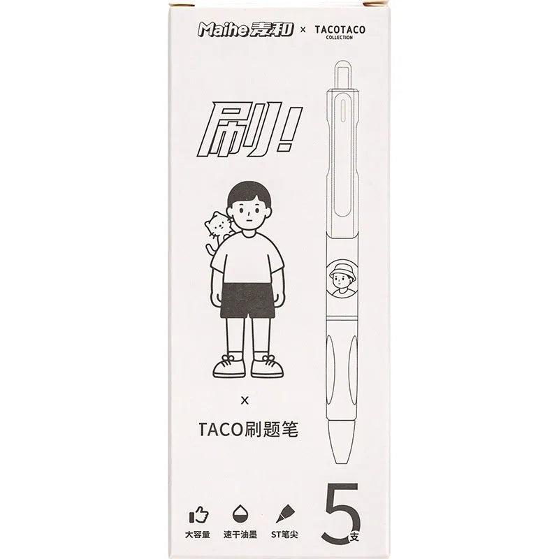 Set of five white and black 0.5mm ballpoint pens with quick-drying ink.