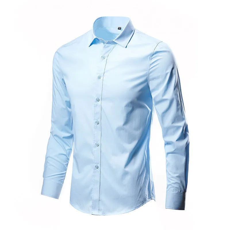 Men's loose long-sleeve linen shirt on a hanger, shown in a navy blue colour.
