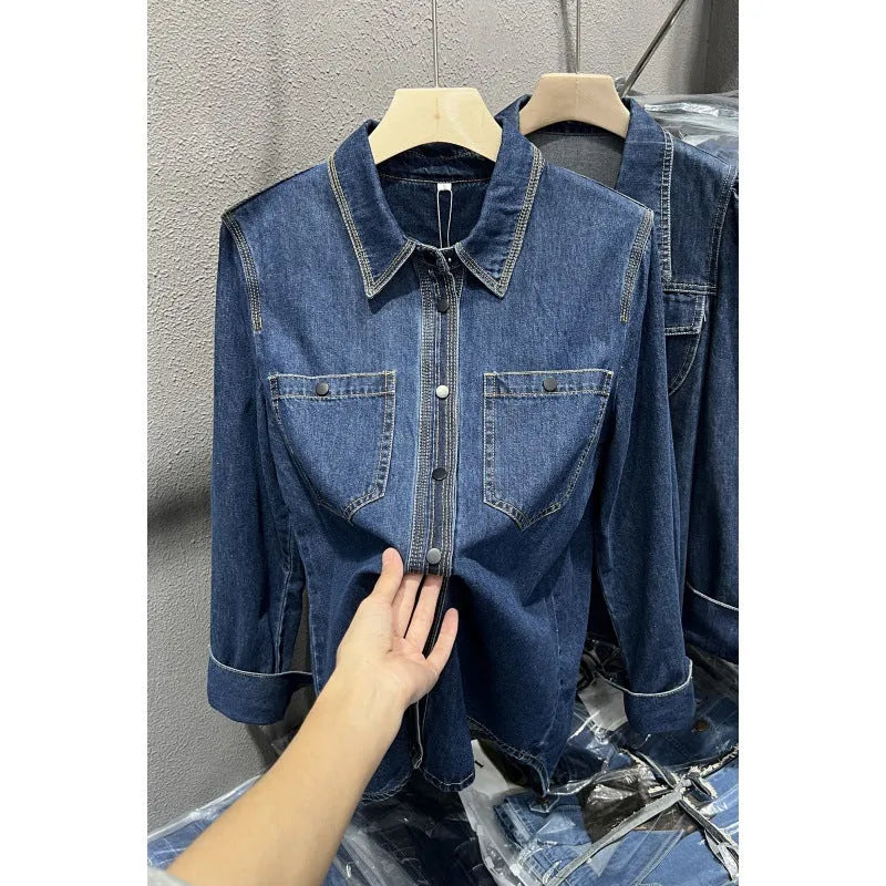 Layered retro top casual fashion long sleeve polyester denim fabric name picture colour S-2XL