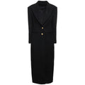 Women's slim-fit two-button extended coat in black imitation cashmere blend, front view on hanger