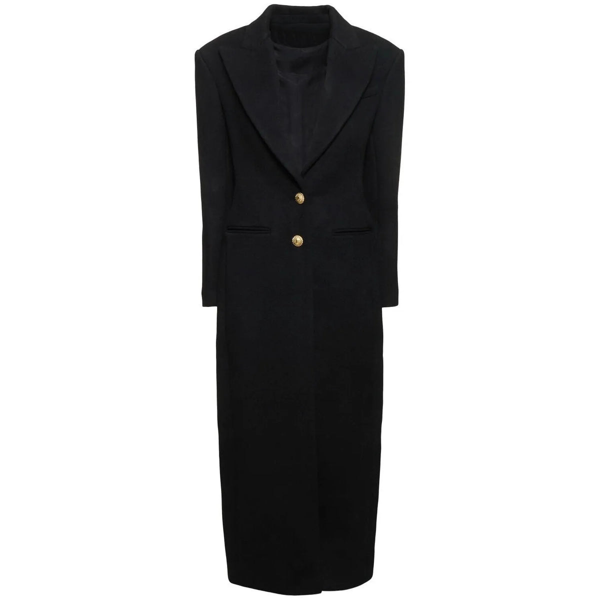 Women's slim-fit two-button extended coat in black imitation cashmere blend, front view on hanger