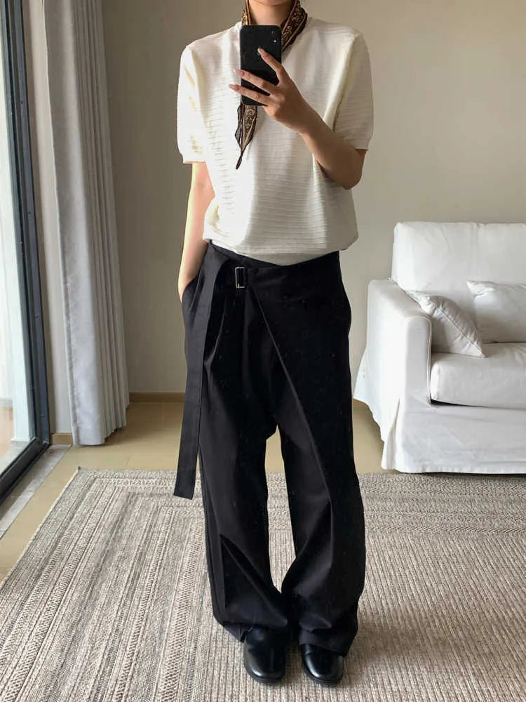 Black straight-leg trousers with adjustable waistband and single pleat detail