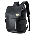 Large-capacity black water-resistant PU leather backpack for students, 16-inch size, featuring curved shoulder straps and solid colour finish