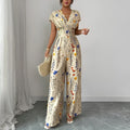 Apricot high-waist wide-leg pants with short sleeves and waist-cinching fit, polyester, sizes S to XL