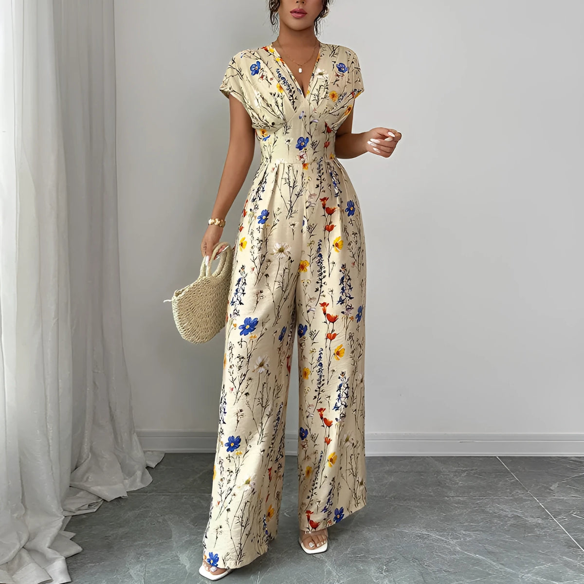 Apricot high-waist wide-leg pants with short sleeves and waist-cinching fit, polyester, sizes S to XL