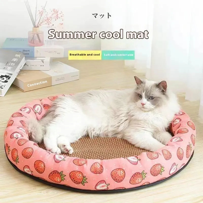 Summer pet mat cooling pad cloth material with four colour options Strawberry Blue Cat Dinosaur Small Colourful Fish universal sizes S M L XL