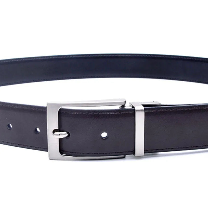 Men's brown and black genuine leather belt with rotating metal pin buckle shown at standard width
