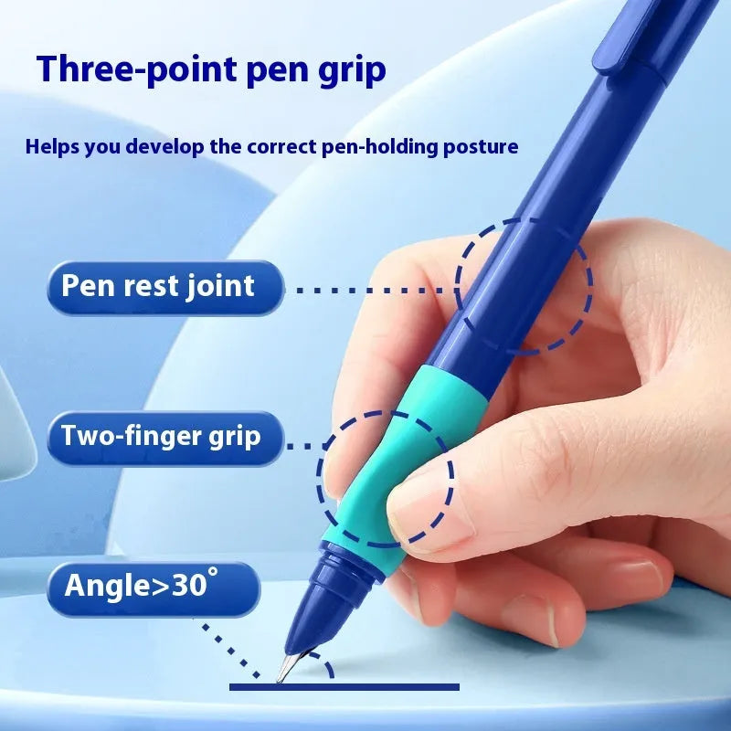 Student posture correction pen with triangular grip in blue, green, purple, and orange colour options