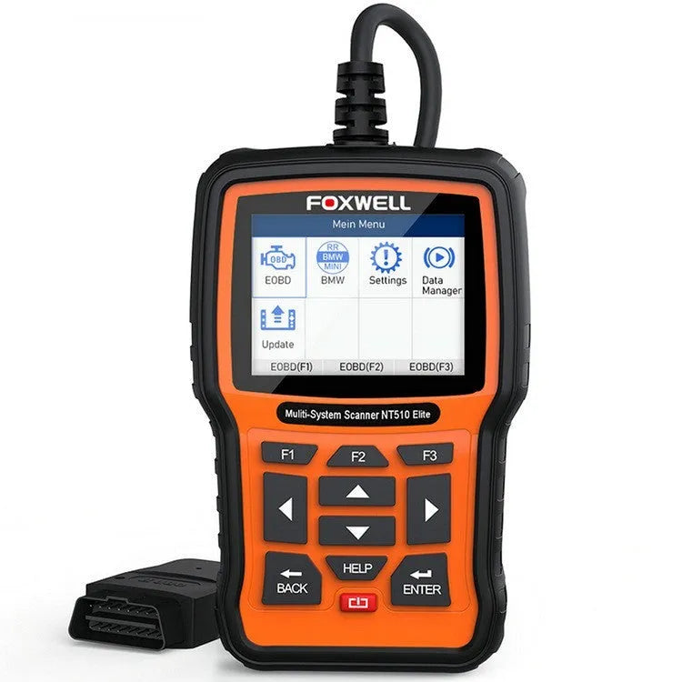 Foxwell NT510 orange and black automotive diagnostic tool with OBD2 scanner and system reset functions
