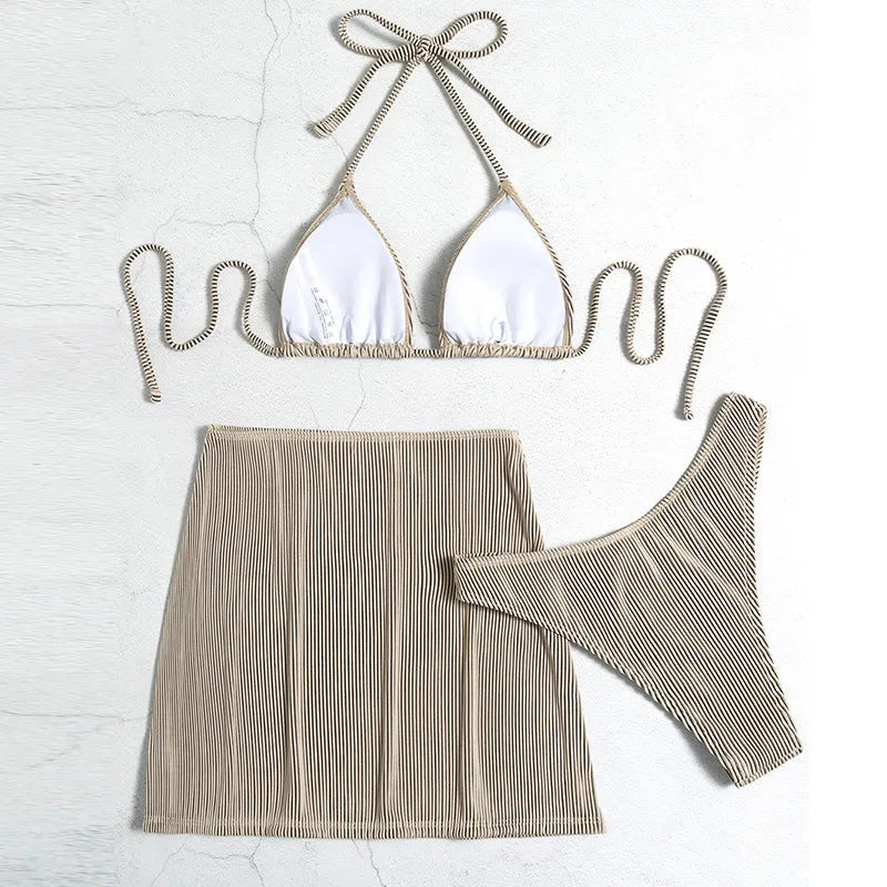 Bikini swimsuit set in small rib fabric, shown in khaki colour, styled as sleeveless briefs.