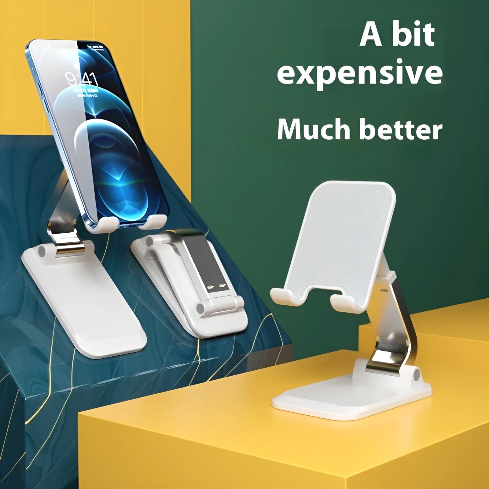 Folding portable desktop stand for mobile phones and tablets in white colour on a wooden desk