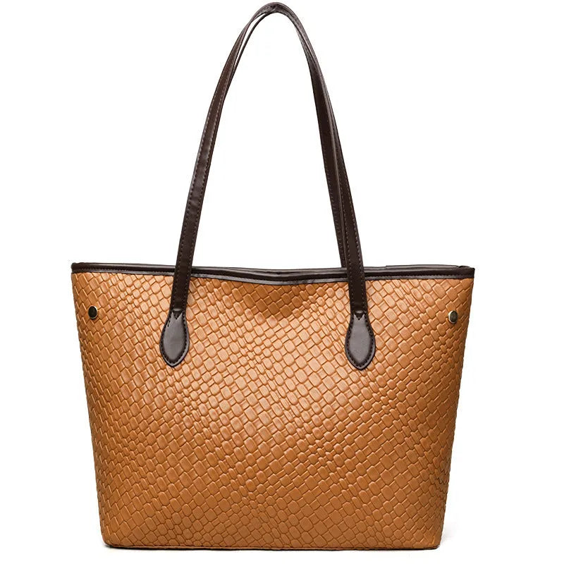 Retro women's large capacity black PU leather handbag with exterior pocket and horizontal square shape.