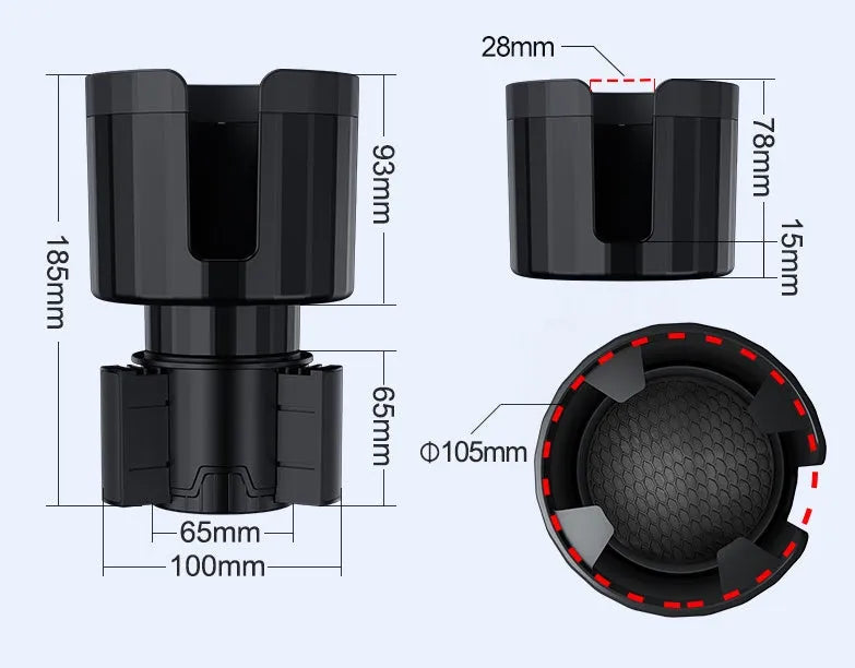 Matte black adjustable car cup holder expander for large bottles and fast food cups