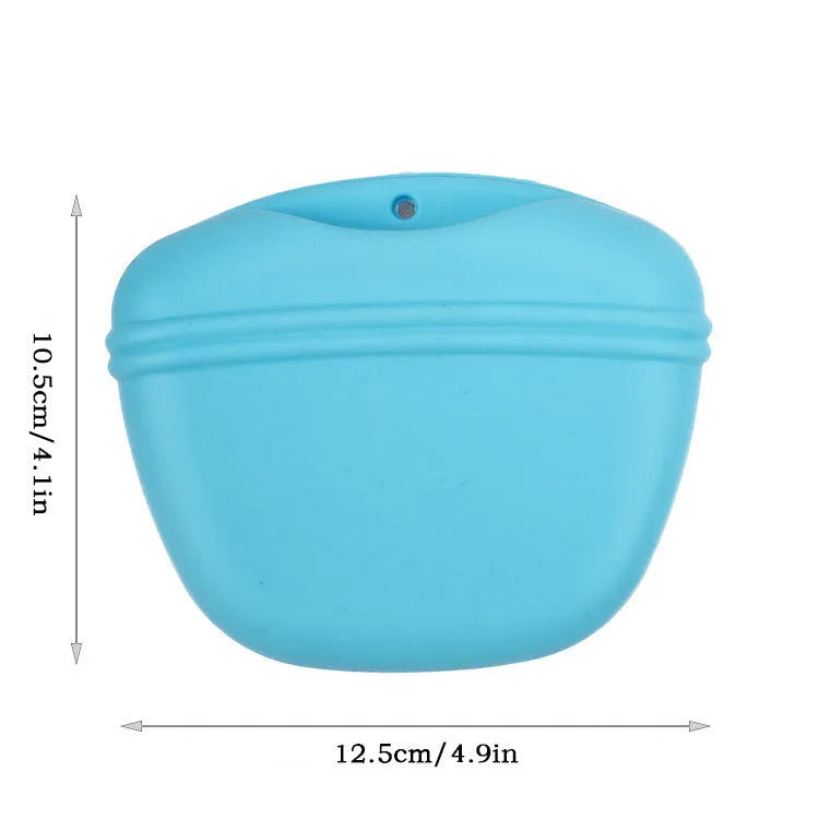 A silicone pet treat waist bag with a clip and magnetic flap closure in various colours.