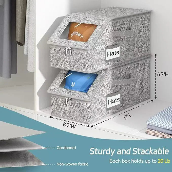 Grey foldable woven fabric storage box with lid, shown with dimensions 42cm by 22cm by 17cm.