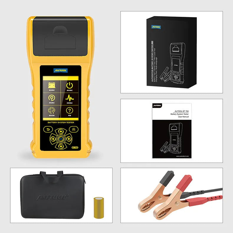 Autool BT760 vehicle battery tester with colour screen, test clips, and built-in thermal printer.