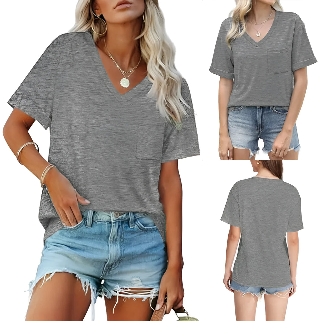 Grey loose V-neck t-shirt with pocket and short sleeves laid flat