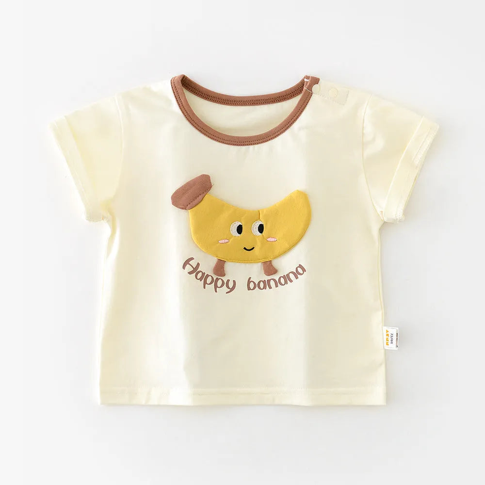 Baby summer cartoon banana round neck short sleeve top in cotton blend on white background