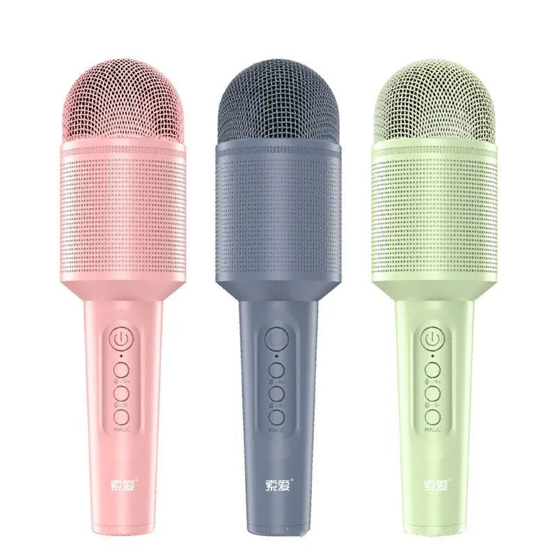 Wireless Bluetooth karaoke microphone in pink, blue, or green with integrated speaker.