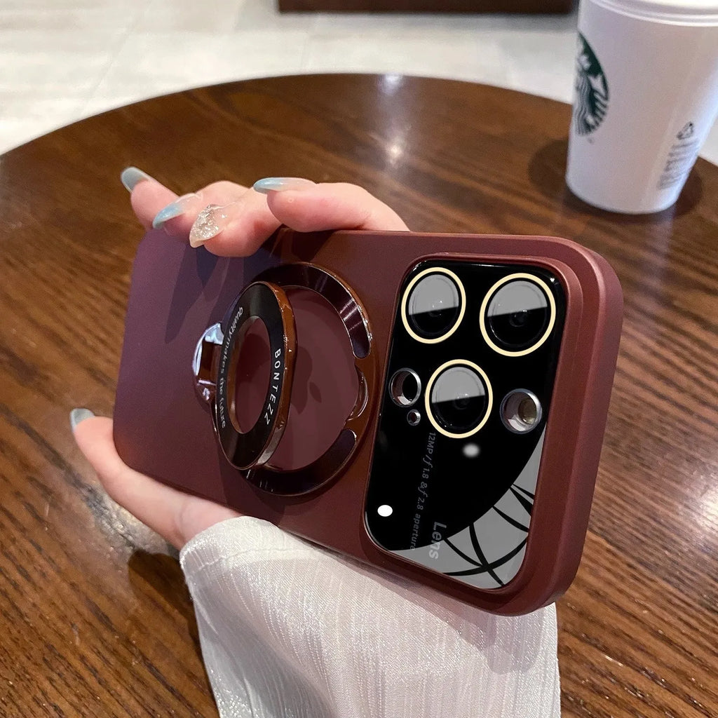 Magnetic flip iPhone case with lens protection, bracket, and PC cover in black