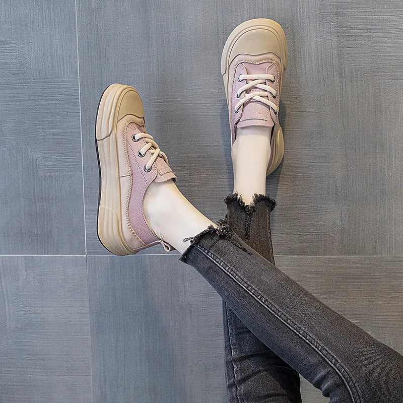 Women's solid colour leather platform sneakers in matcha, purple, or orange with a round toe and lace-up front.